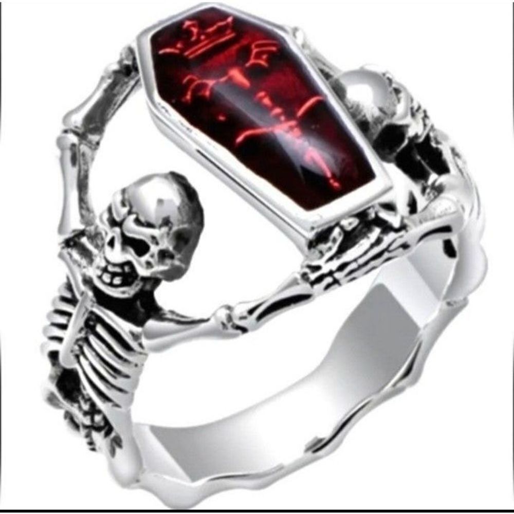 Mens Hand crafted punk rock Zircon skull and casket men's ring sz 11